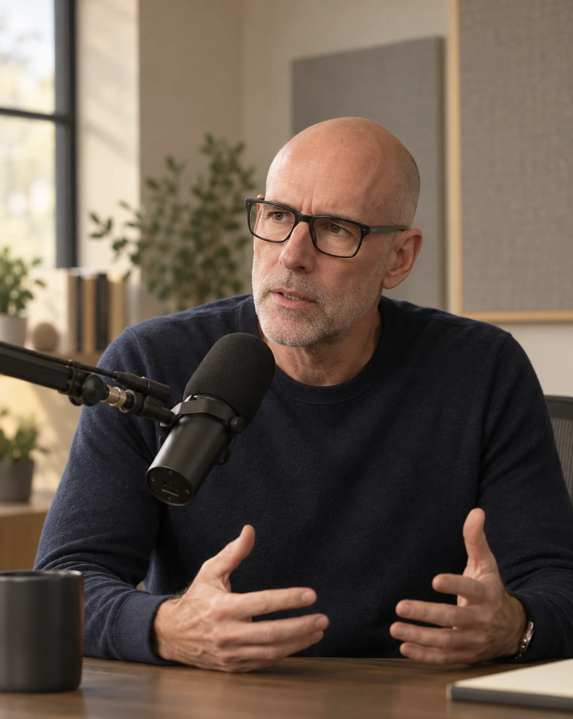 AI-generated sample podcast host speaking into a microphone.